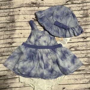 Tommy Bahama Baby Girl 3 Pc Blue and White Tie Dye Short Set with Hat 6-9M NWT